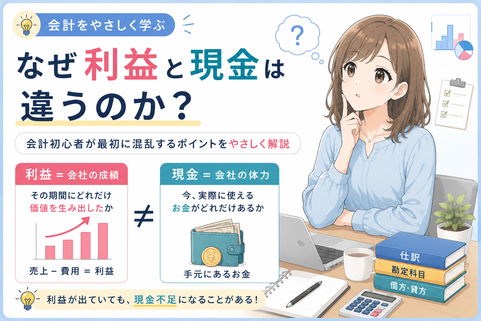 利益と現金の違いを初心者向けに図解したイラスト